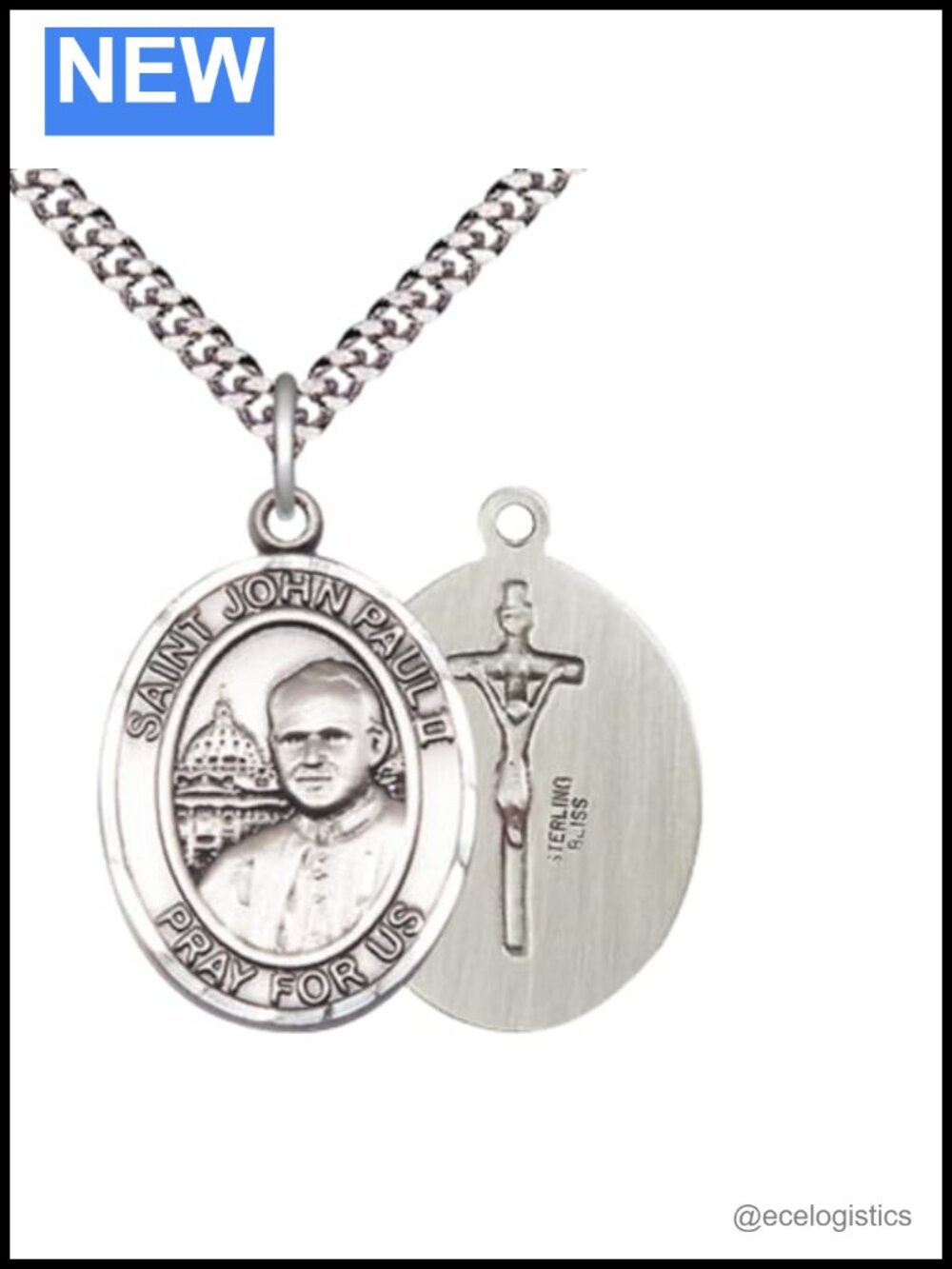 Saint John Paul II Sterling Silver Medal Pendant Necklace 24" Chain